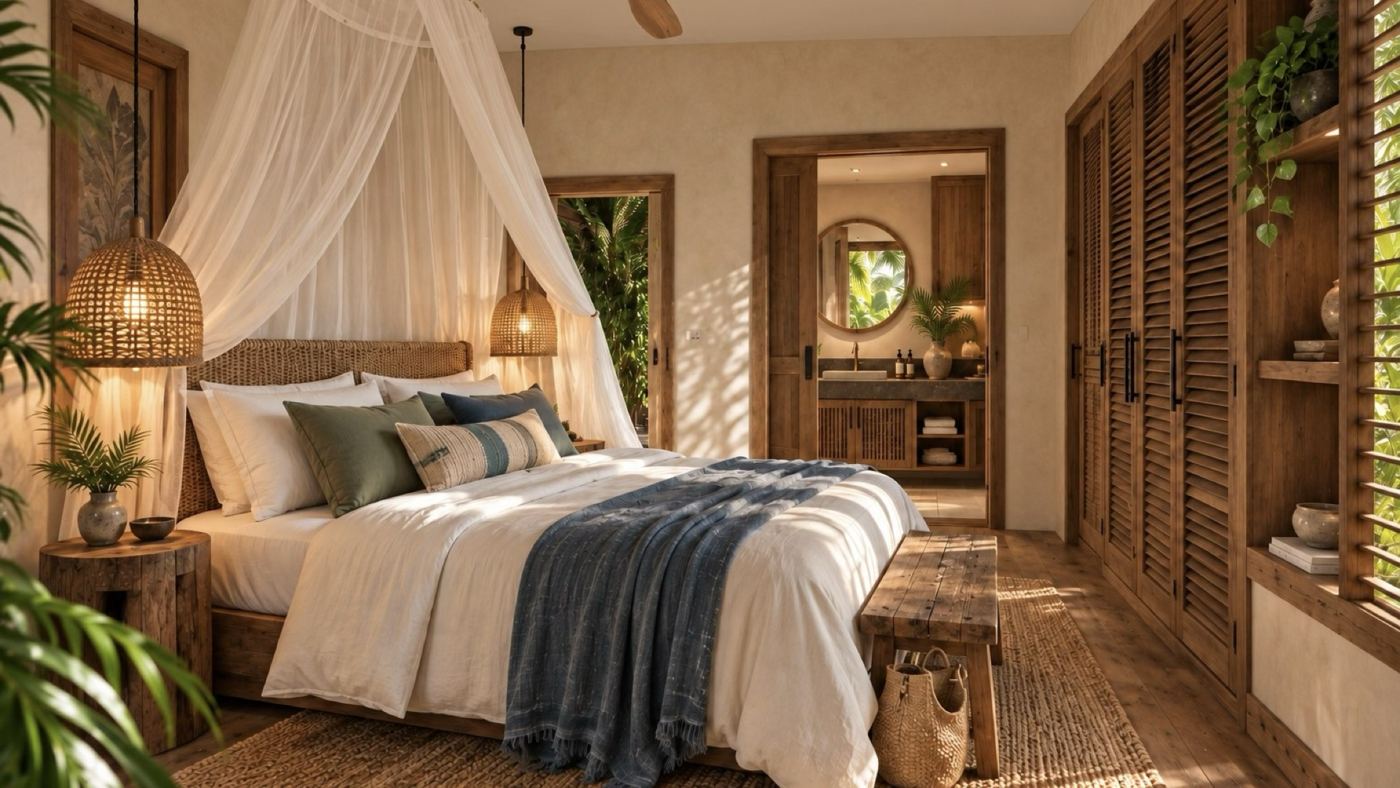 A bedroom with mosquito net, shutters and ensuite beyond