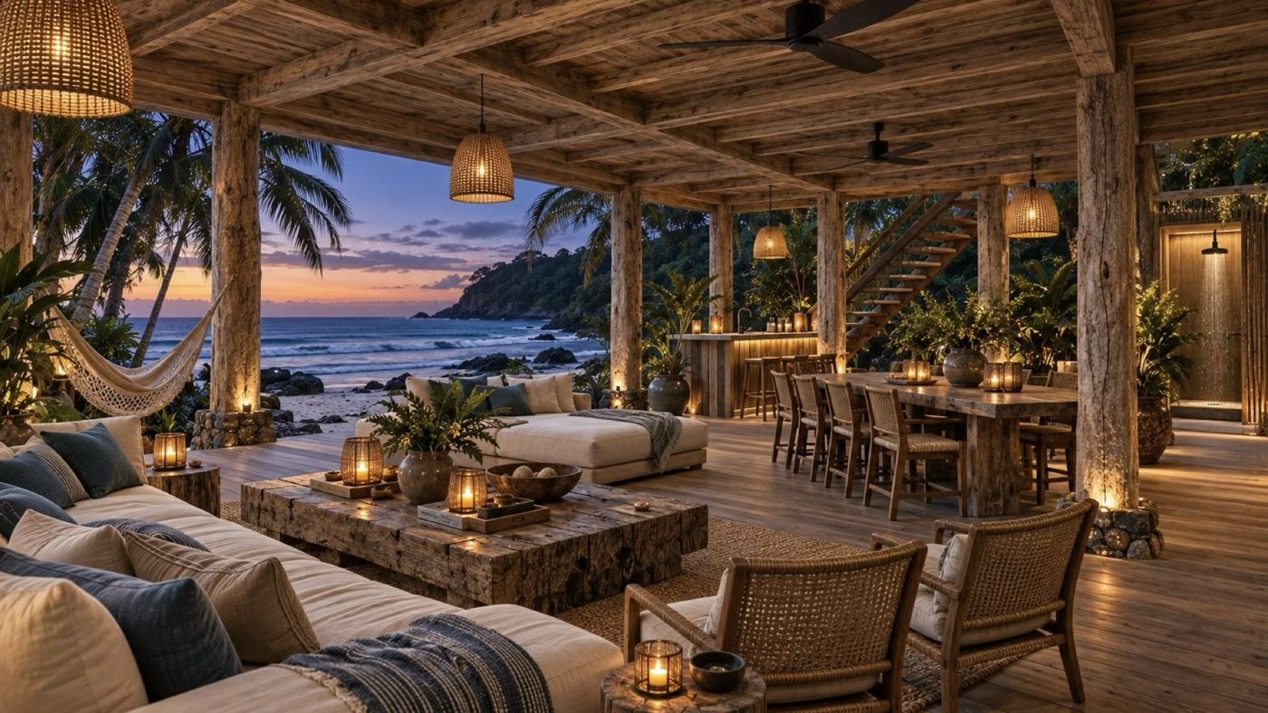 The open deck beneath a Beach House at dusk